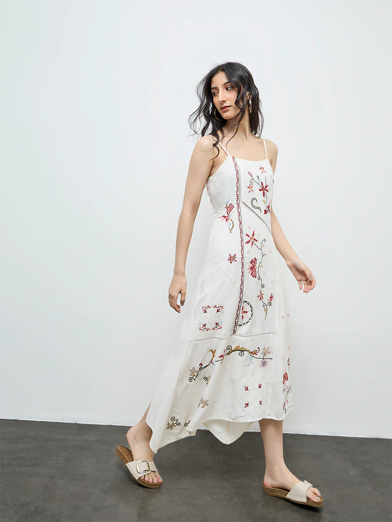 Bombay Paisley Off-White Floral Embroidered A-Line Dress