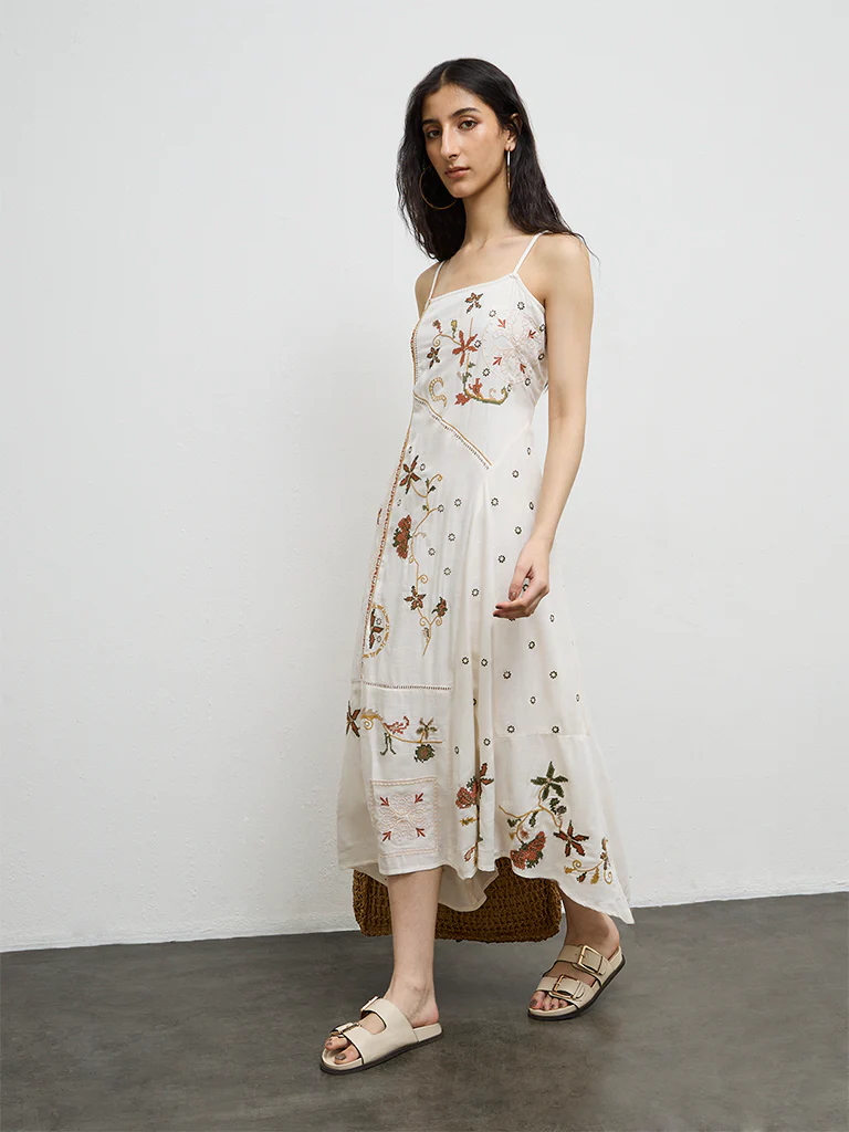 Bombay Paisley Off-White Floral Embroidered A-Line Dress - Image 2
