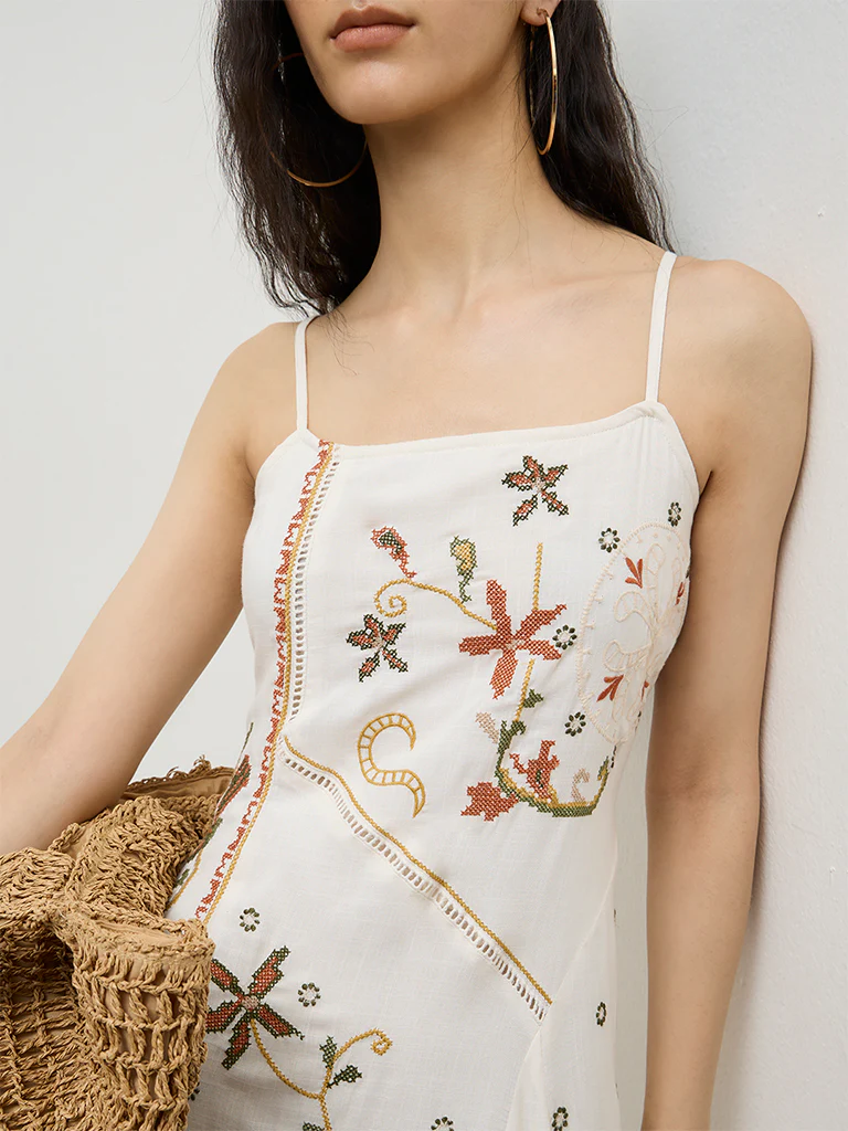 Bombay Paisley Off-White Floral Embroidered A-Line Dress - Image 3