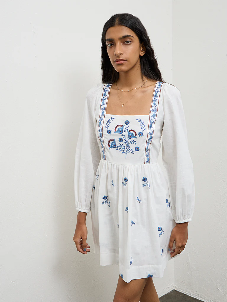 Bombay Paisley Off-White Floral Embroidered Cotton A-Line Dress - Image 2