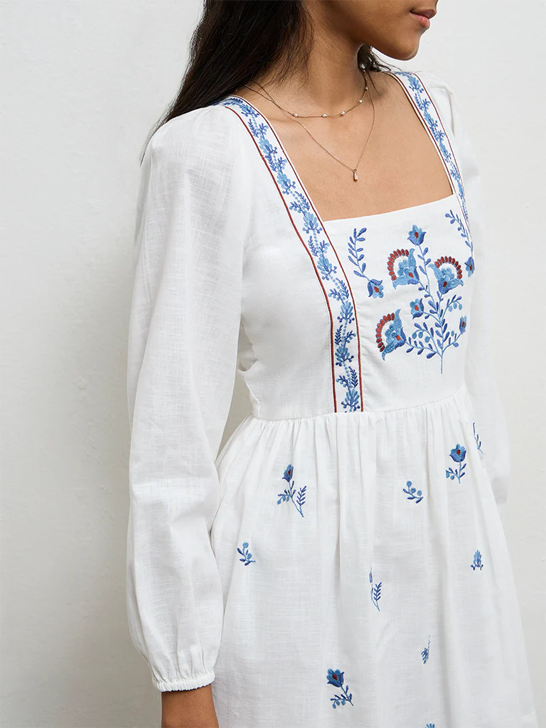 Bombay Paisley Off-White Floral Embroidered Cotton A-Line Dress - Image 3