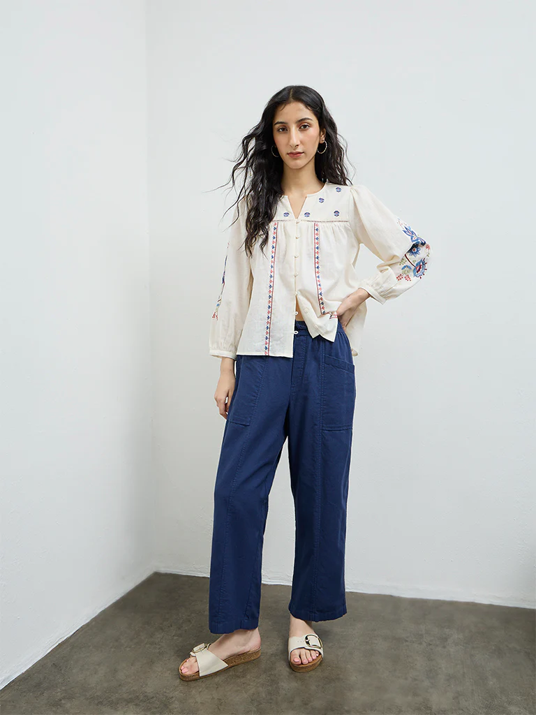 Bombay Paisley Off-White Floral Embroidered Cotton Blouse - Image 2