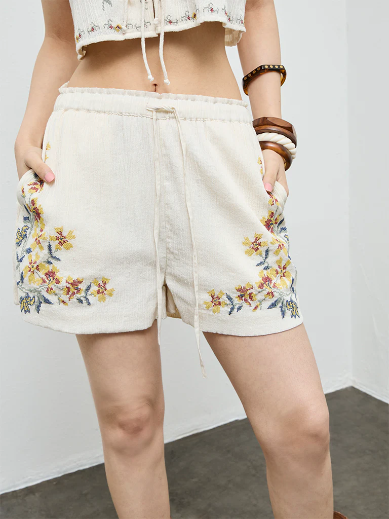 Bombay Paisley Off-White Floral Embroidered Cotton Shorts - Image 3