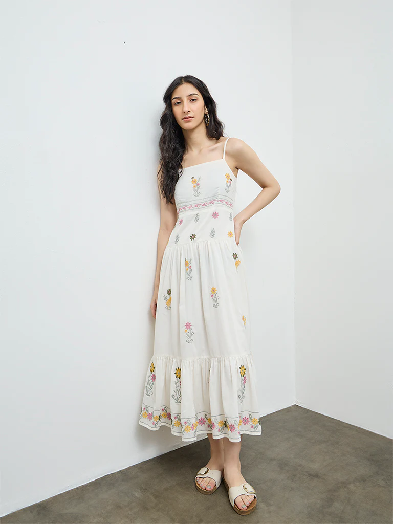 Bombay Paisley Off-White Floral Embroidered Cotton Tiered Dress - Image 2