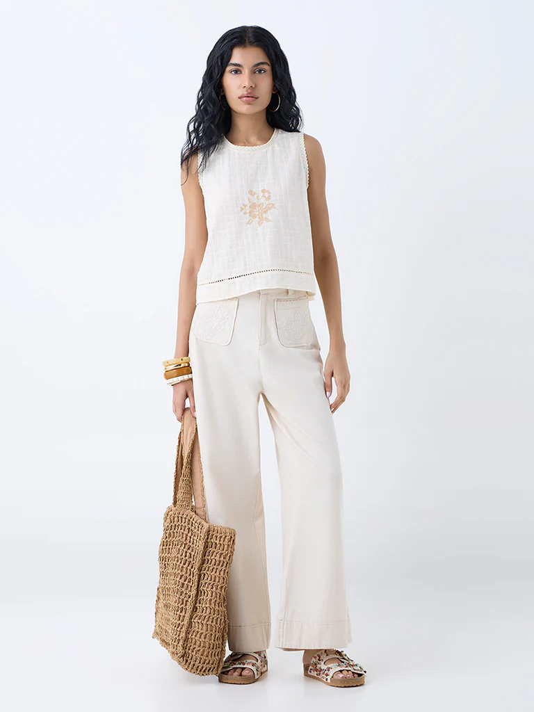Bombay Paisley Off-White Floral Embroidered Cotton Top - Image 2