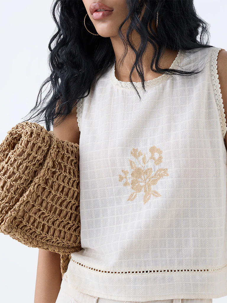 Bombay Paisley Off-White Floral Embroidered Cotton Top - Image 3