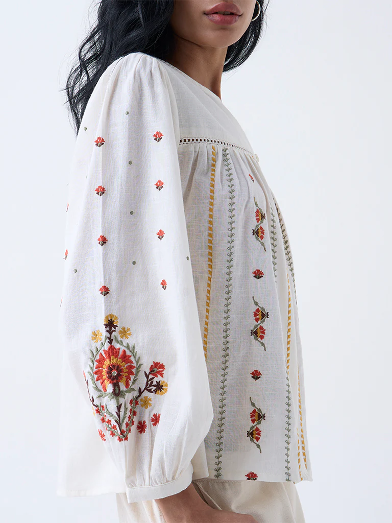 Bombay Paisley Off-White Floral Embroidered Cotton Top - Image 3