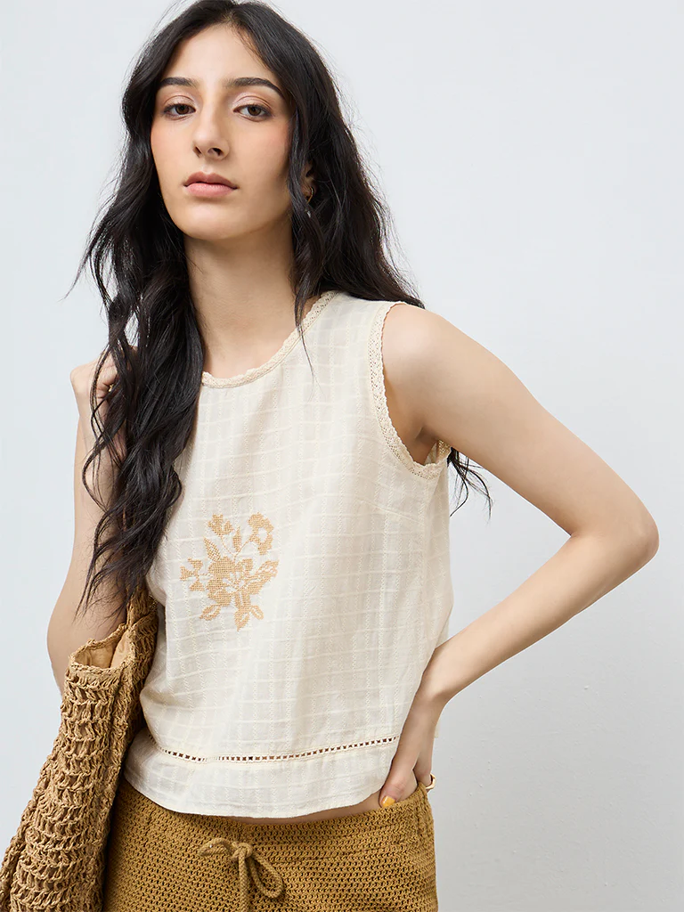 Bombay Paisley Off-White Floral Embroidered Cotton Top - Image 2