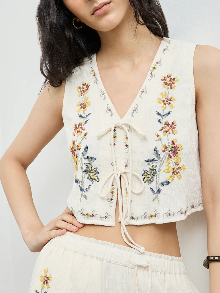Bombay Paisley Off-White Floral Embroidered Cotton Top - Image 3