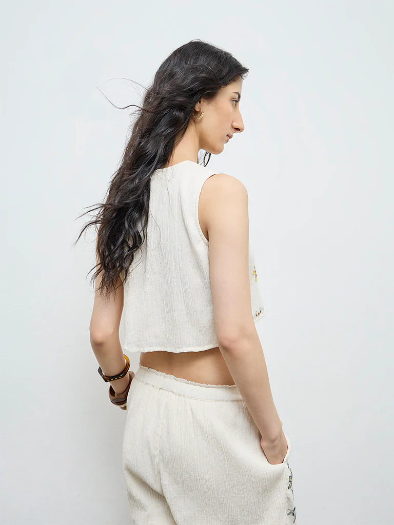 Bombay Paisley Off-White Floral Embroidered Cotton Top - Image 4