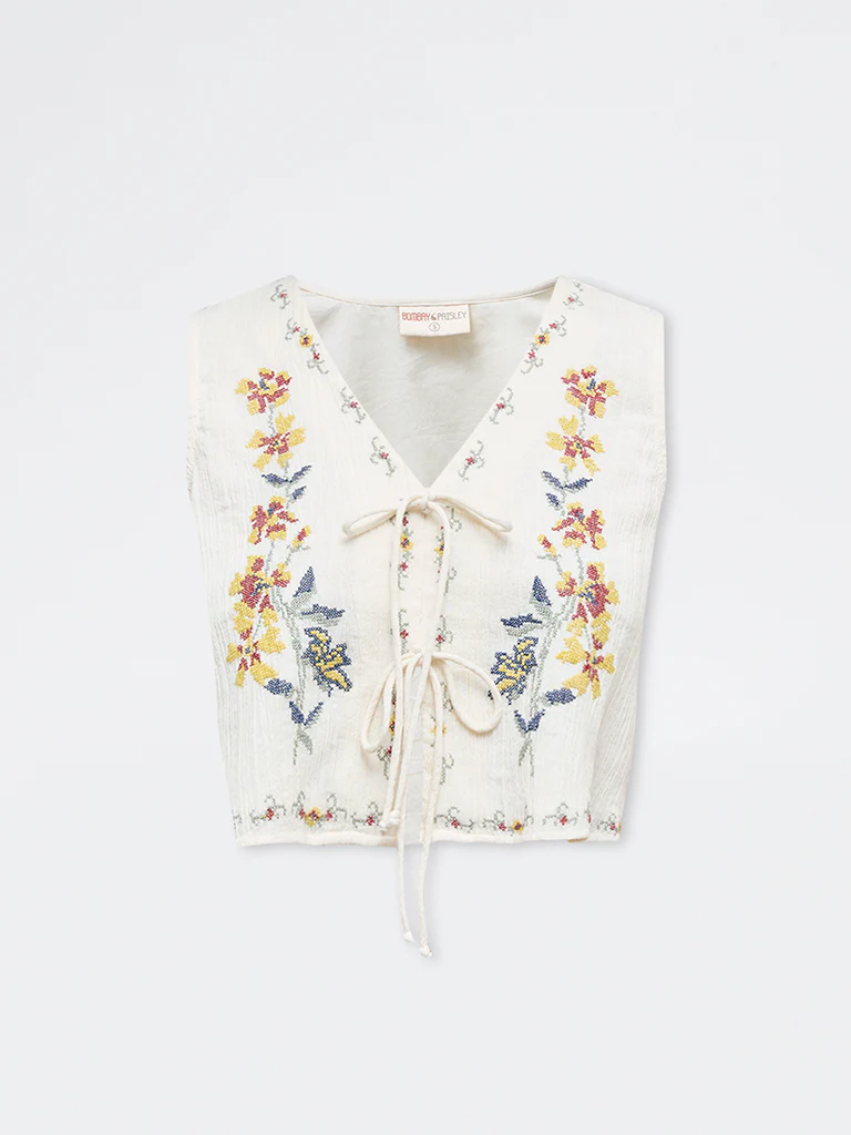 Bombay Paisley Off-White Floral Embroidered Cotton Top - Image 5