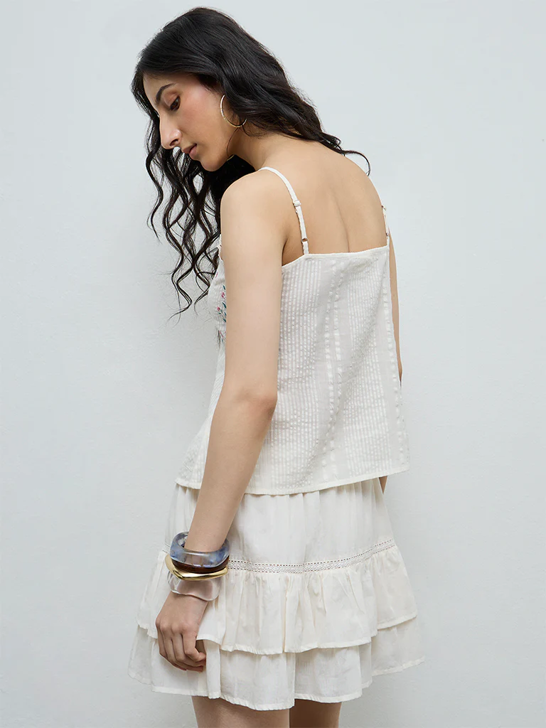 Bombay Paisley Off-White Floral Embroidered Cotton Top - Image 4
