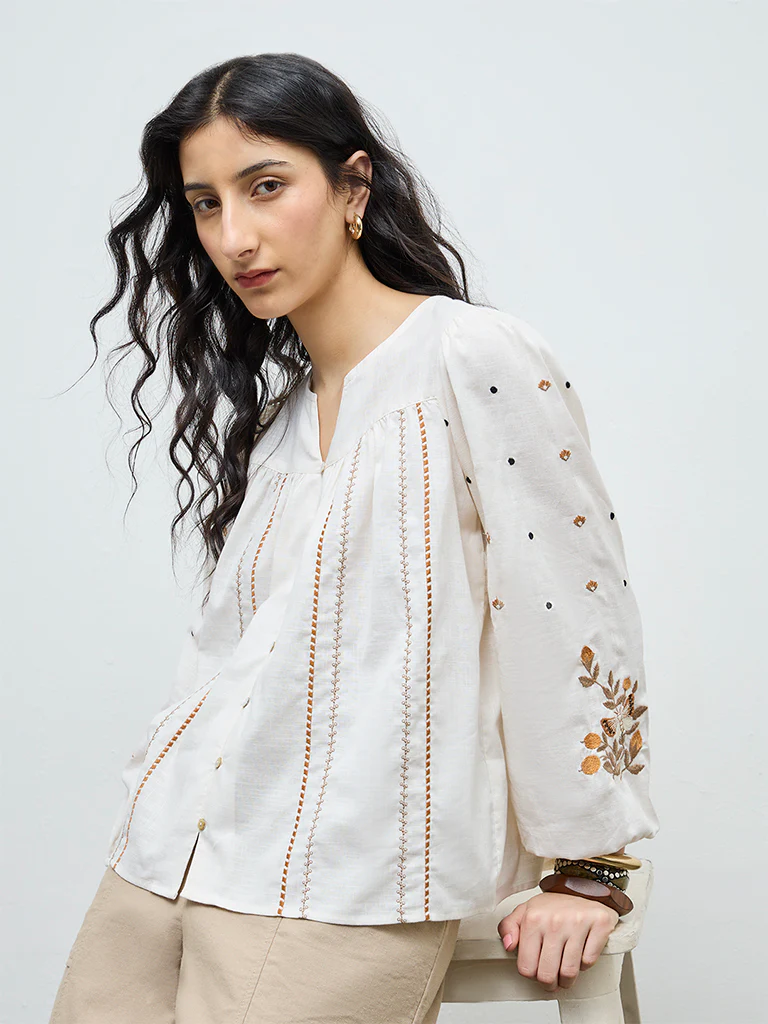 Bombay Paisley Off-White Floral Embroidered Cotton Top - Image 2