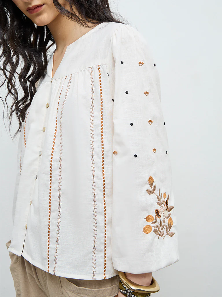 Bombay Paisley Off-White Floral Embroidered Cotton Top - Image 3