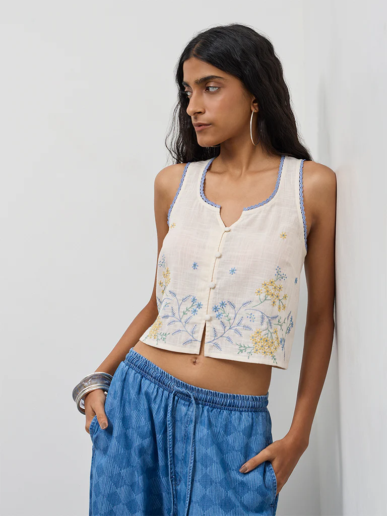 Bombay Paisley Off-White Floral Embroidered Cotton Top - Image 2