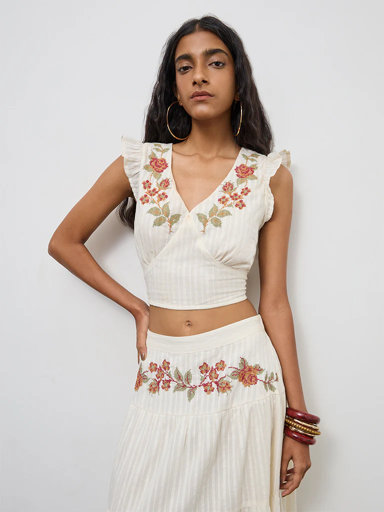 Bombay Paisley Off-White Floral Embroidered Cotton Top