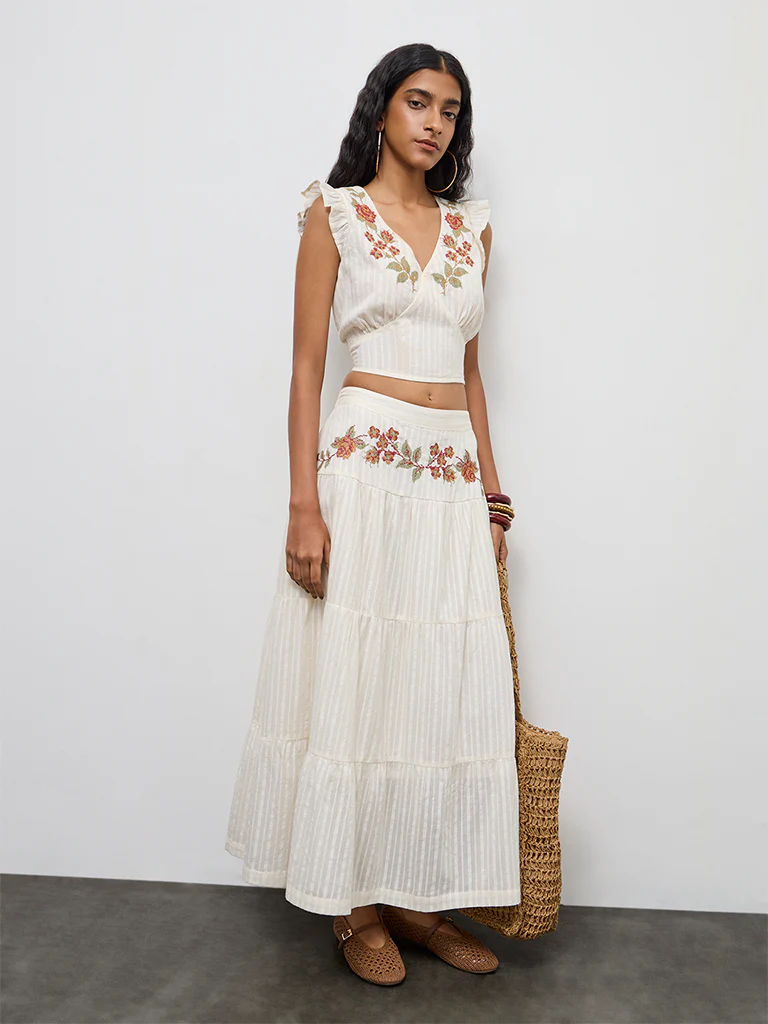 Bombay Paisley Off-White Floral Embroidered Cotton Top - Image 2