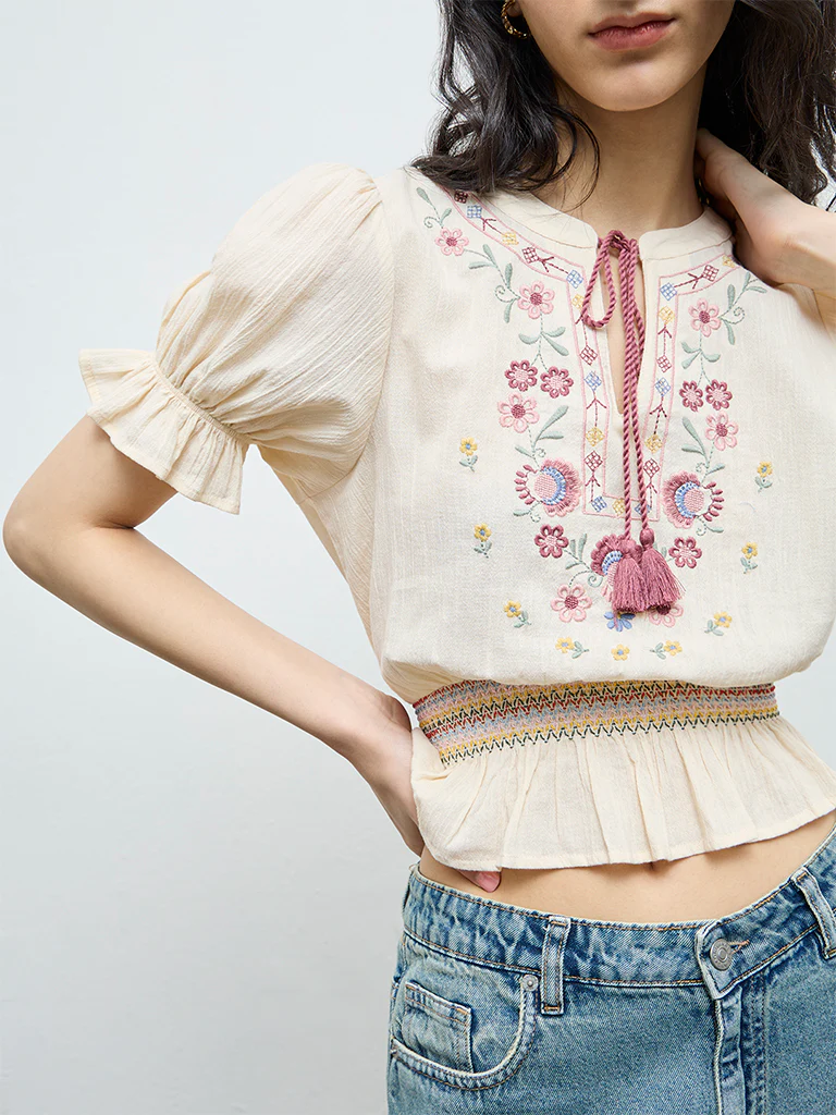Bombay Paisley Off-White Floral Embroidered Smocked Cotton Top - Image 3