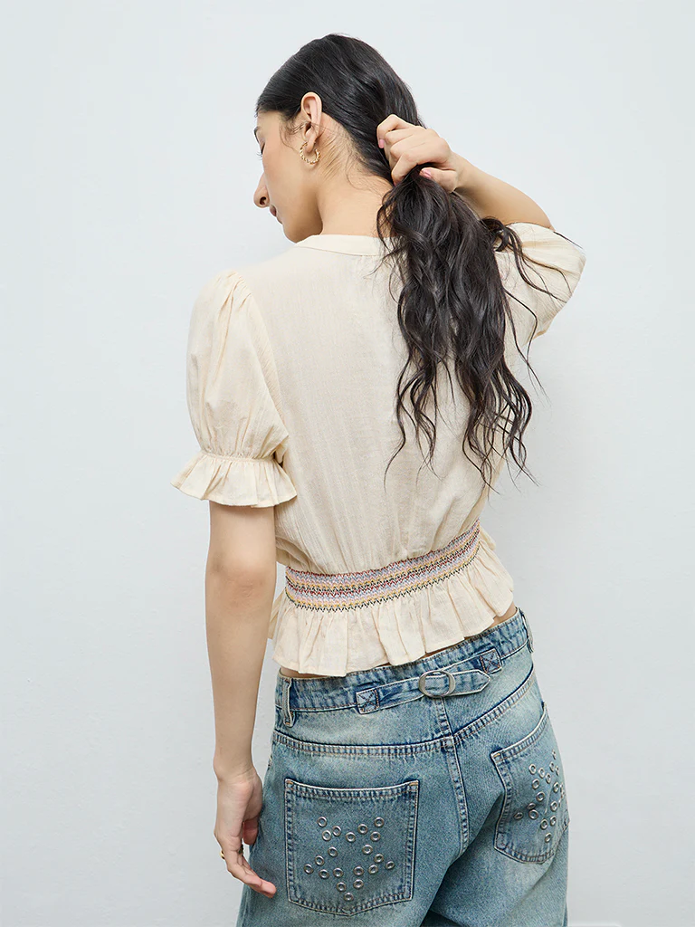 Bombay Paisley Off-White Floral Embroidered Smocked Cotton Top - Image 4