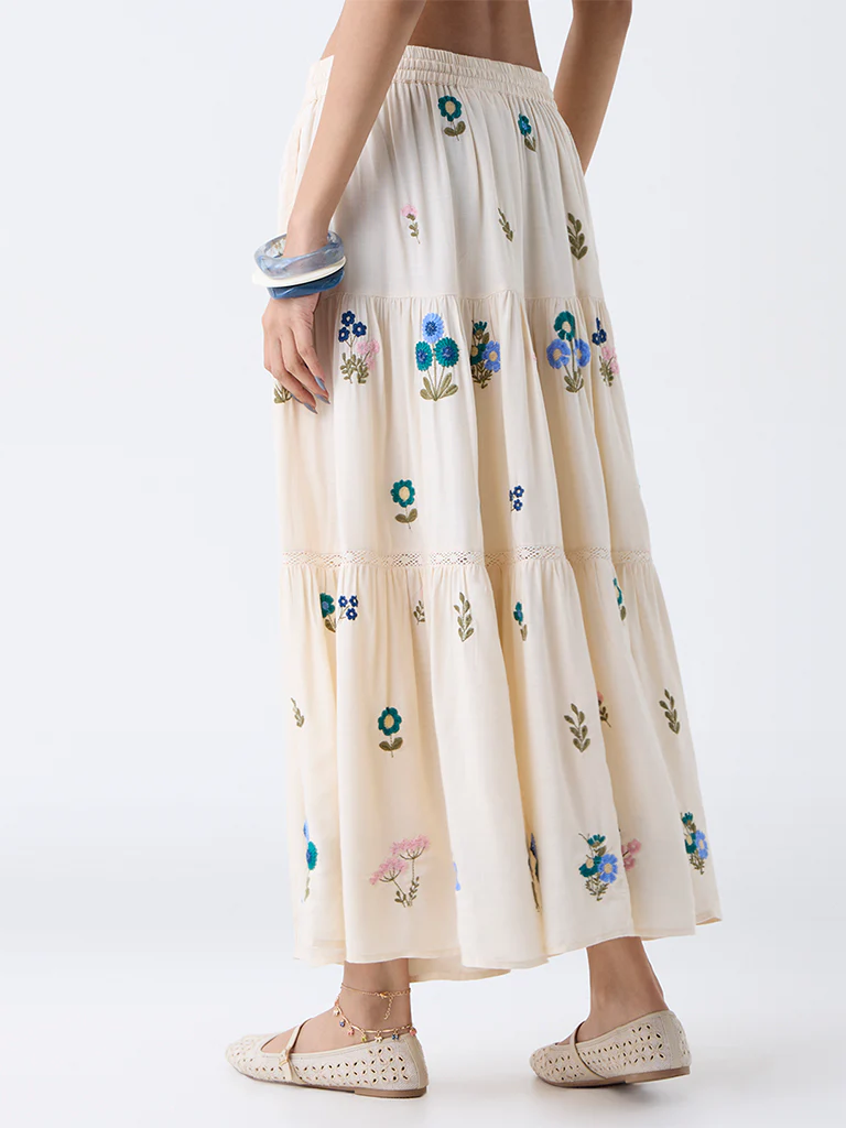 Bombay Paisley Off-White Floral Embroidered Tiered Skirt - Image 4