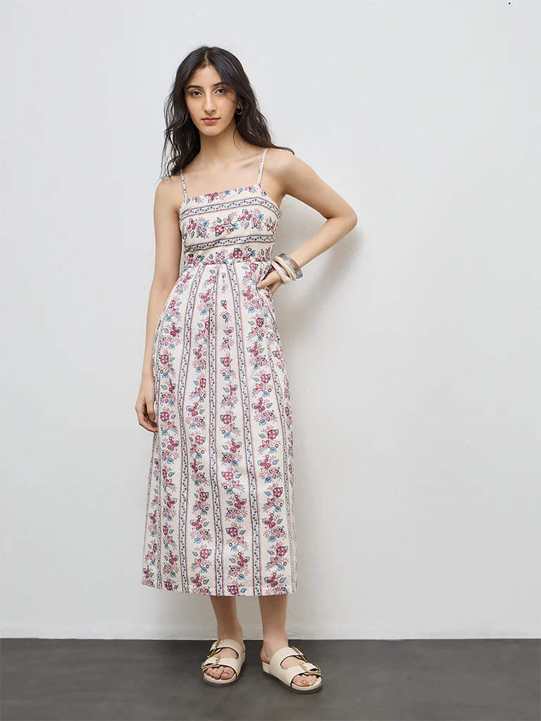 Bombay Paisley Off-White Floral Printed A-Line Cotton Dress - Image 2