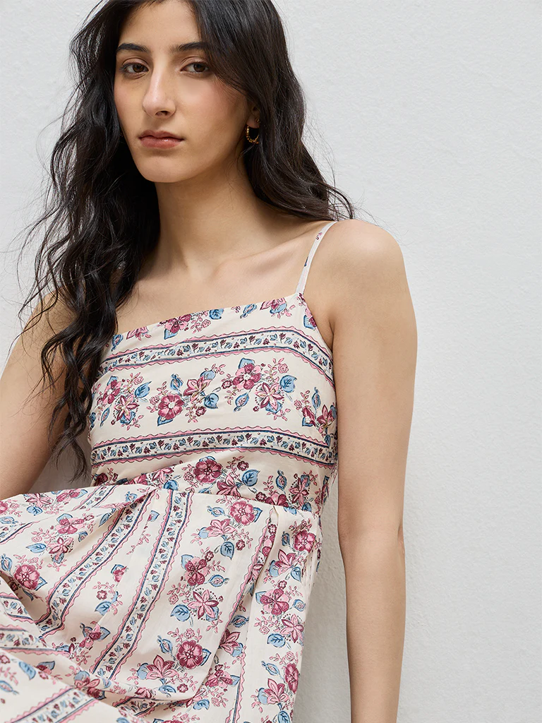 Bombay Paisley Off-White Floral Printed A-Line Cotton Dress - Image 3