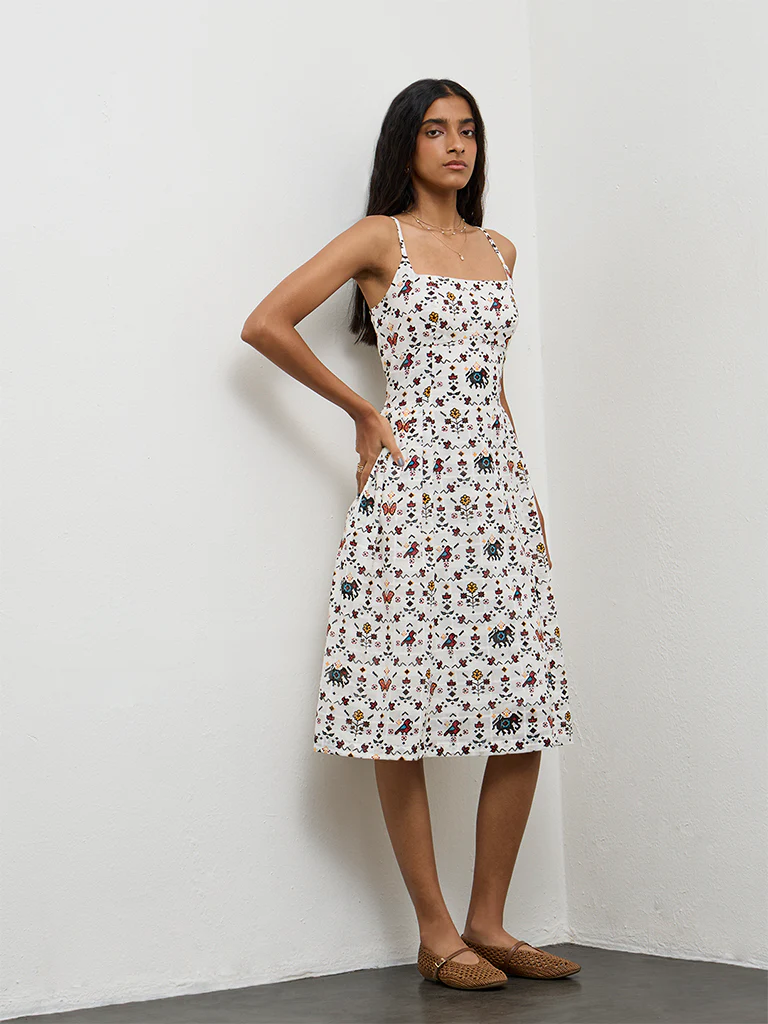 Bombay Paisley Off-White Floral Printed Cotton A-Line Dress - Image 2