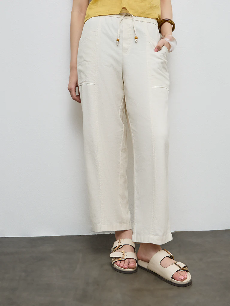 Bombay Paisley Off-White High-Rise Cotton-Blend Pants - Image 2