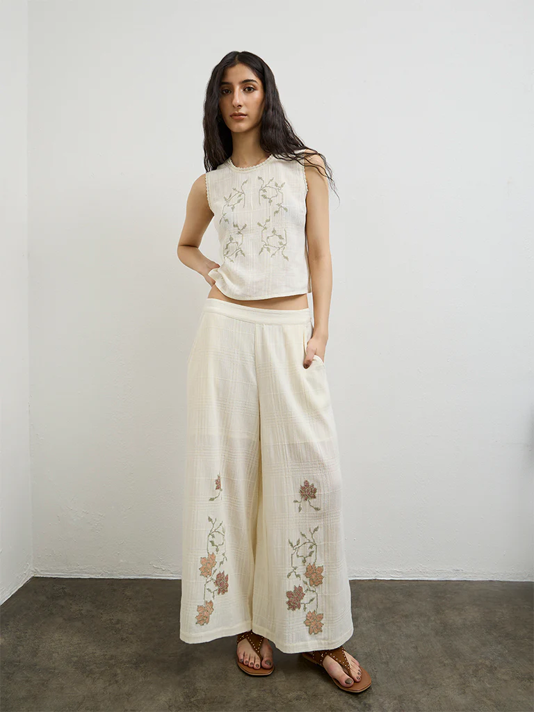 Bombay Paisley Off-White High-Rise Cotton Palazzos