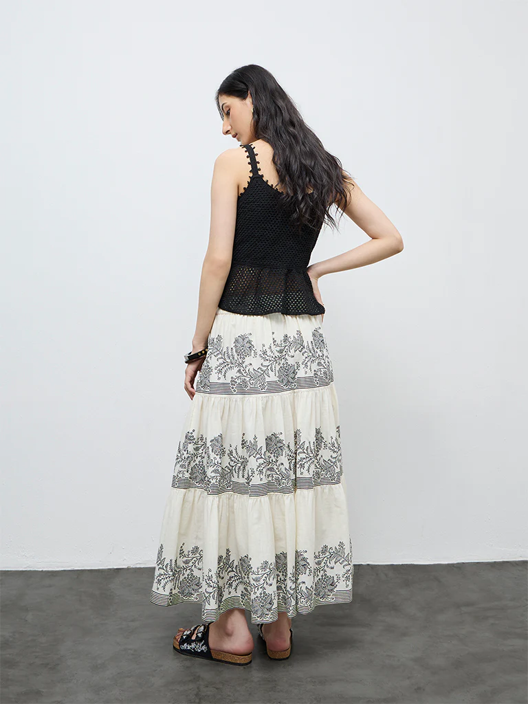 Bombay Paisley Off-White High-Rise Cotton Tiered Skirt - Image 4