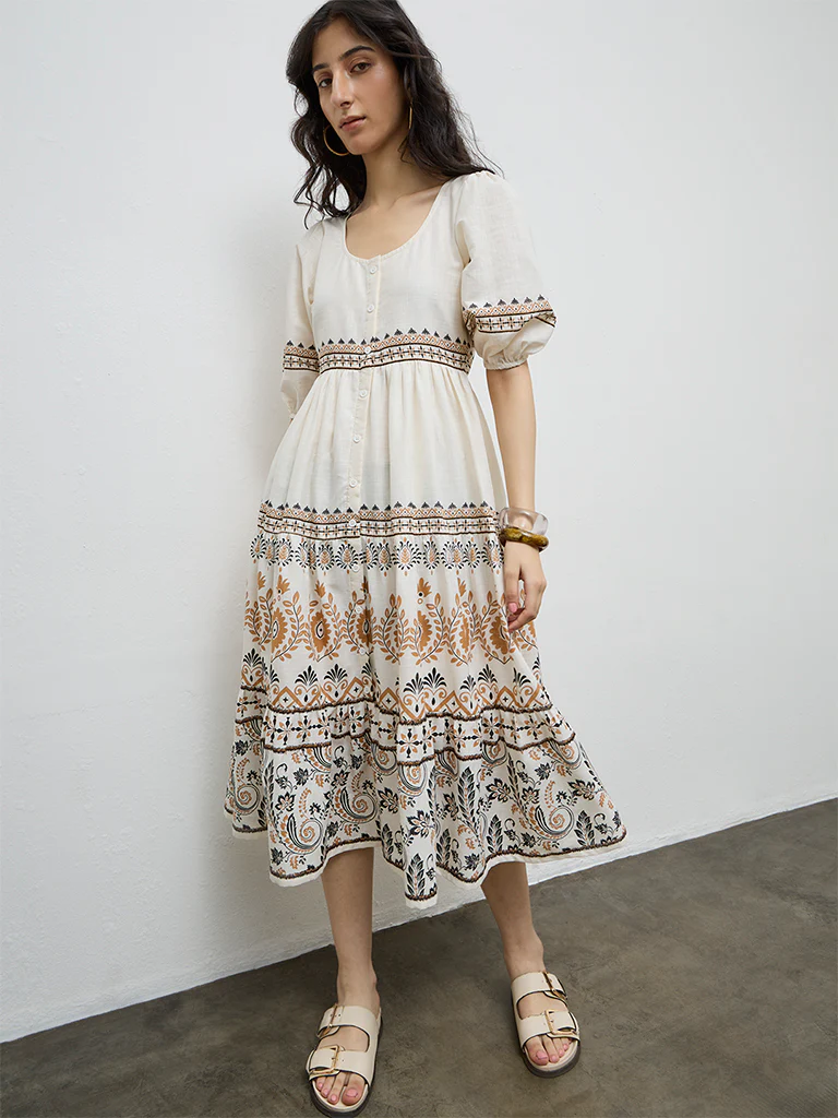 Bombay Paisley Off-White Printed Cotton A-Line Dress - Image 2