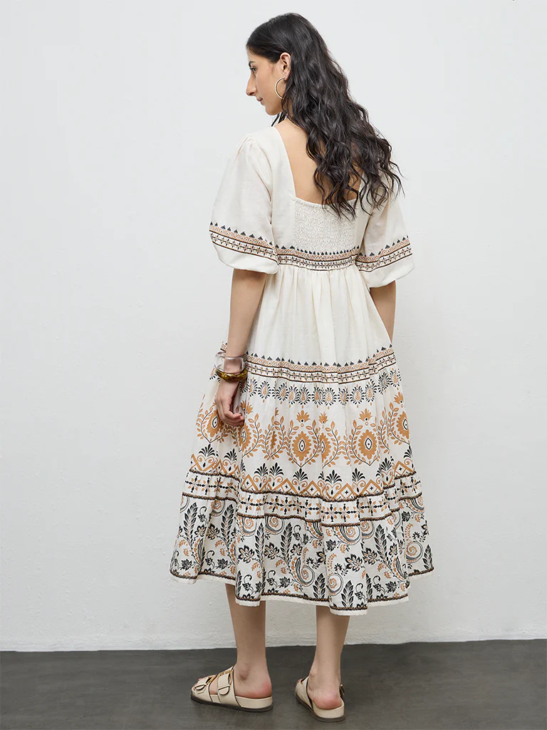 Bombay Paisley Off-White Printed Cotton A-Line Dress - Image 4