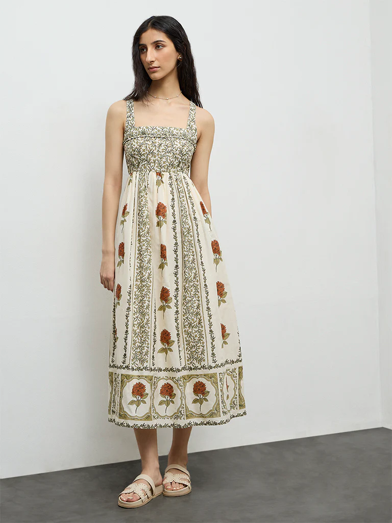 Bombay Paisley Off-White Printed Cotton A-Line Dress - Image 2