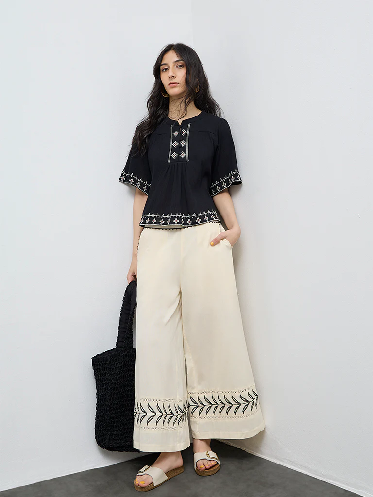 Bombay Paisley Off-White Printed High-Rise Cotton-Blended Palazzos