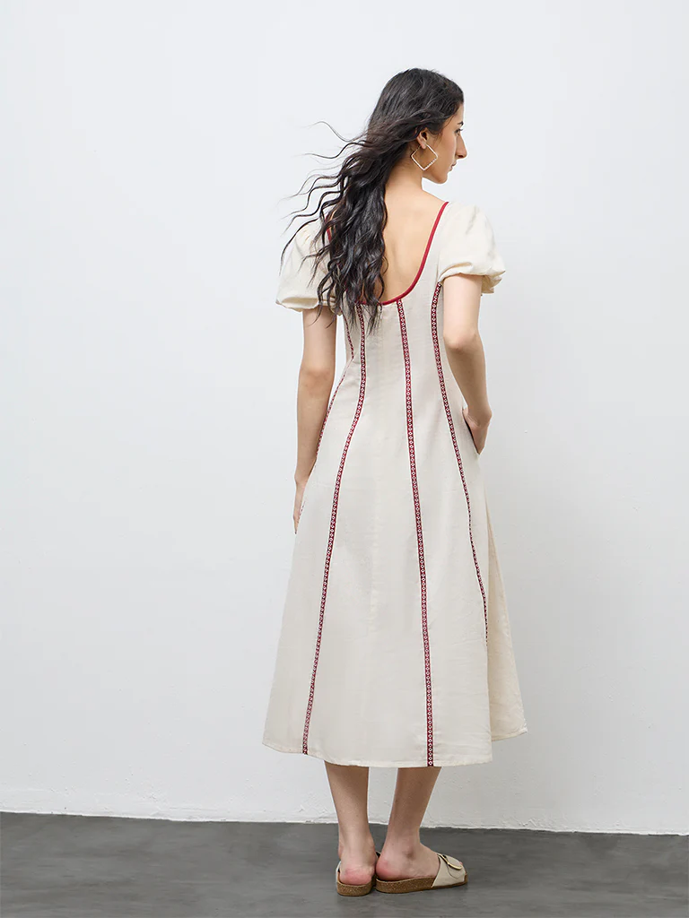 Bombay Paisley Off-White Striped Cotton-Blend A-Line Dress - Image 4