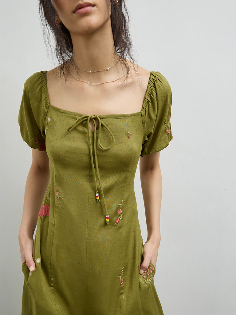 Bombay Paisley Olive Embroidered Cotton-Blend A-Line Dress - Image 3