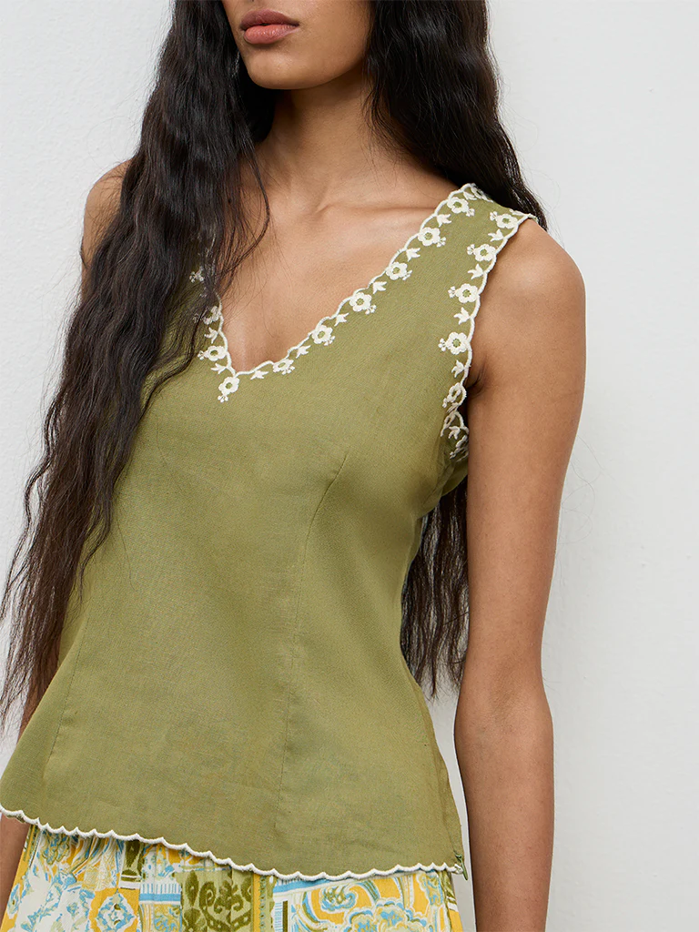 Bombay Paisley Olive Embroidered Cotton-Blend Top - Image 3