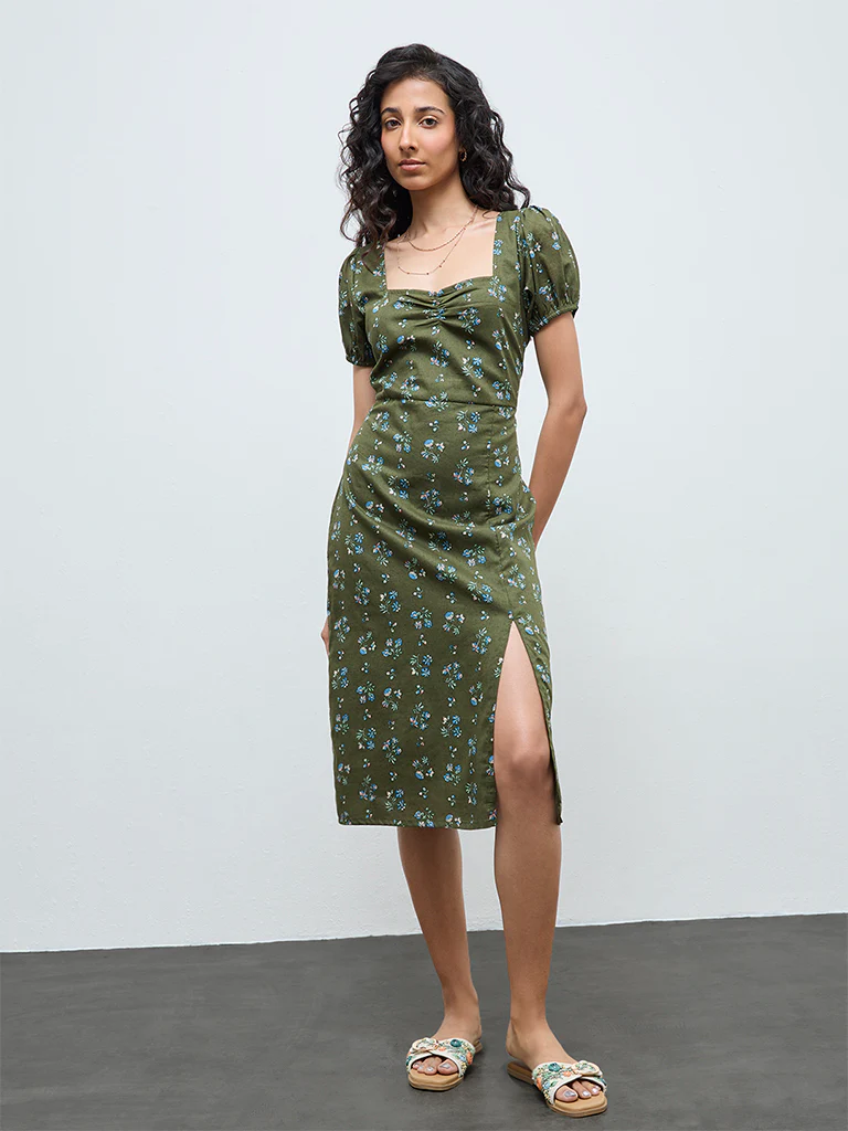 Bombay Paisley Olive Floral Cotton A-Line Dress