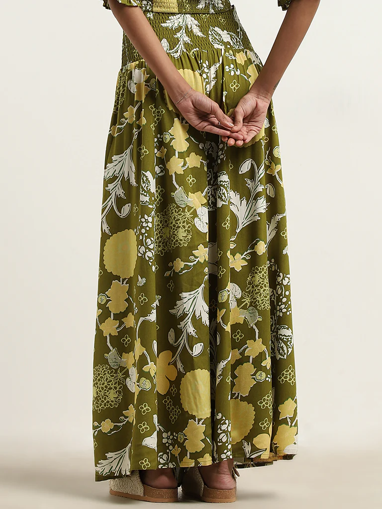 Bombay Paisley Olive Foliage Design High-Rise Skirt - Image 4