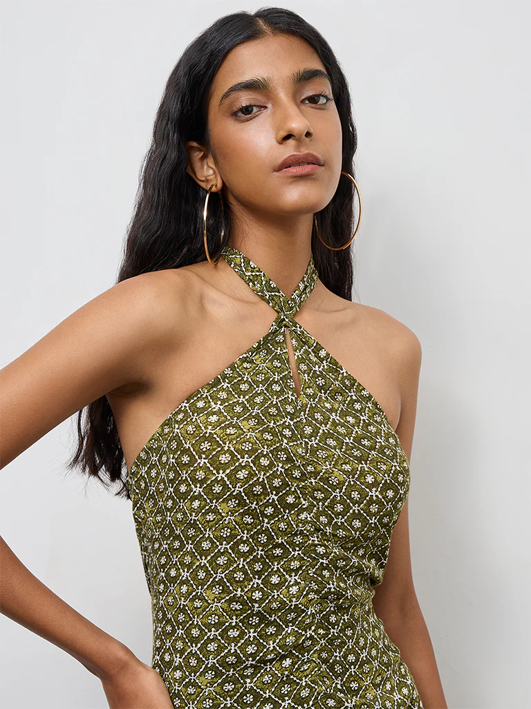 Bombay Paisley Olive Printed Cotton Straight Dress - Image 3