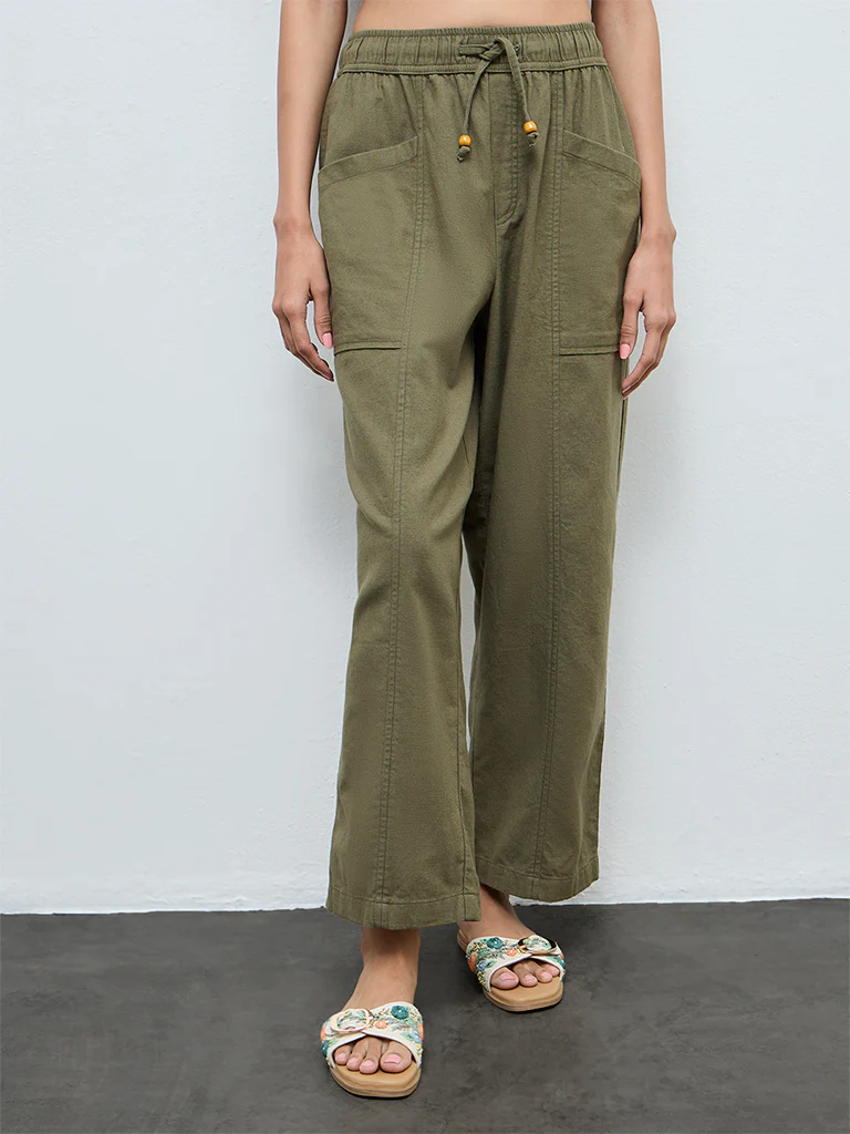 Bombay Paisley Olive Solid High-Rise Cotton-Blend Pants - Image 2