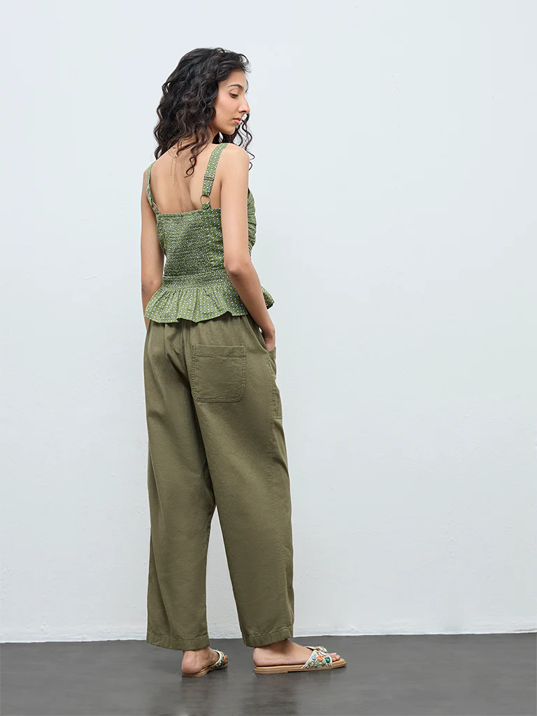 Bombay Paisley Olive Solid High-Rise Cotton-Blend Pants - Image 4