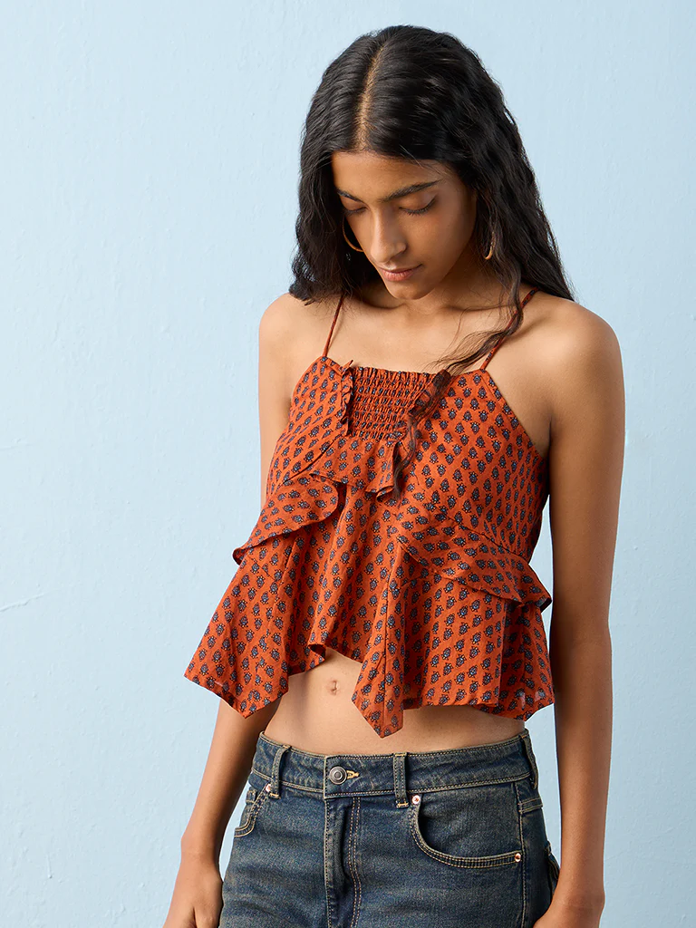 Bombay Paisley Orange Floral Design Cotton Top - Image 2