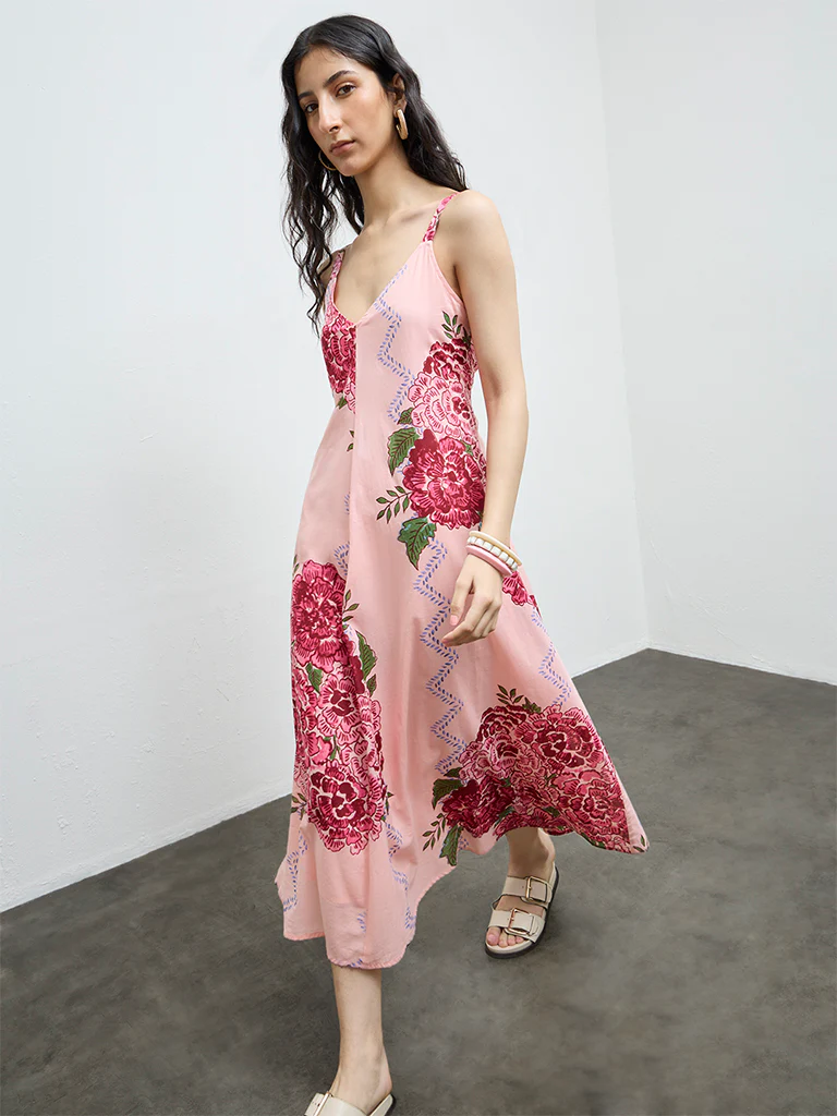 Bombay Paisley Peach Floral Cotton A-Line Dress - Image 2