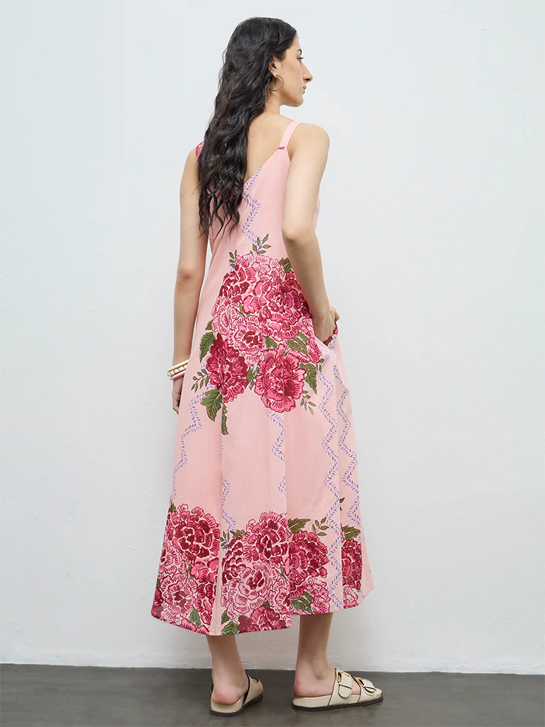 Bombay Paisley Peach Floral Cotton A-Line Dress - Image 4