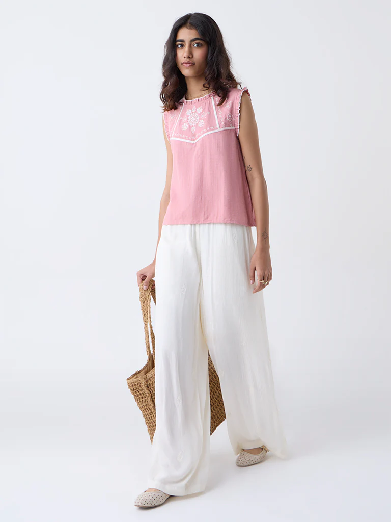 Bombay Paisley Pink Embroidered Cotton-Blend Top - Image 2