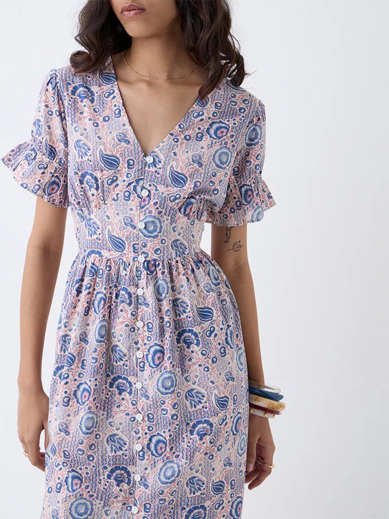 Bombay Paisley Pink Floral Cotton A-Line Dress - Image 3