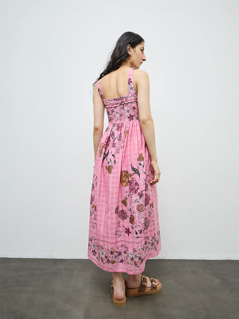 Bombay Paisley Pink Floral Pattern Cotton A-Line Dress - Image 4