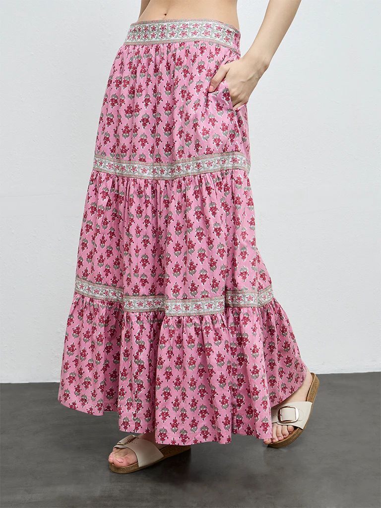 Bombay Paisley Pink Floral Pattern Cotton Maxi Skirt - Image 2