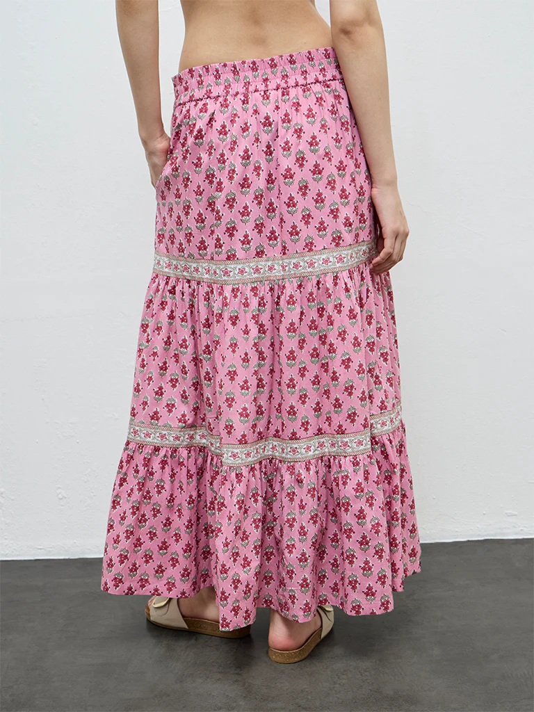 Bombay Paisley Pink Floral Pattern Cotton Maxi Skirt - Image 4